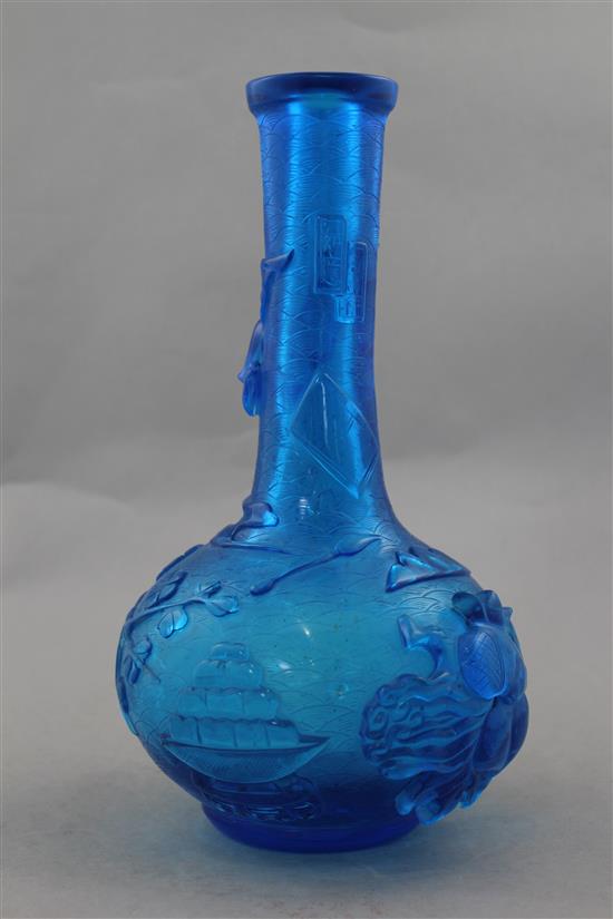A Chinese blue glass bottle vase, 27cm